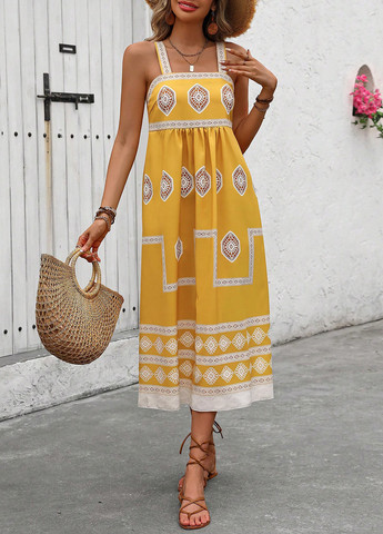 Желтое кэжуал платье а-силуэт SHEIN с орнаментом