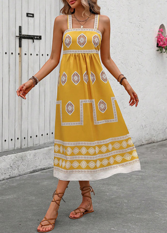 Желтое кэжуал платье а-силуэт SHEIN с орнаментом