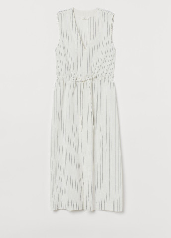 Молочное кэжуал платье лен бленд H&M в полоску