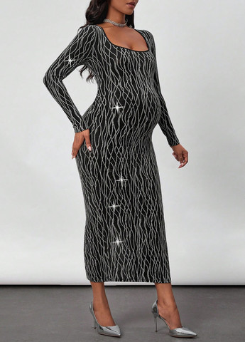 Чорна святковий, вечірня сукня для вагітних силуетна SHEIN з абстрактним візерунком
