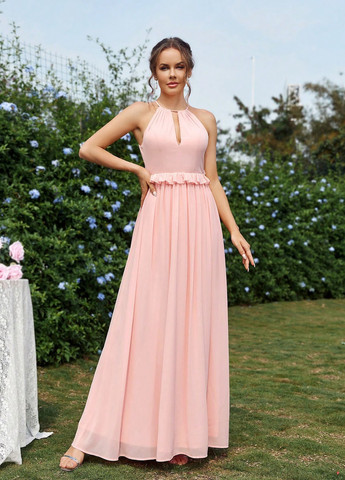 Светло-розовое вечернее платье в стиле ампир, с открытой спиной SHEIN однотонное