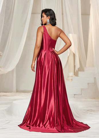 Бордова святковий, вечірня сукня зі шлейфом, на одне плече SHEIN однотонна