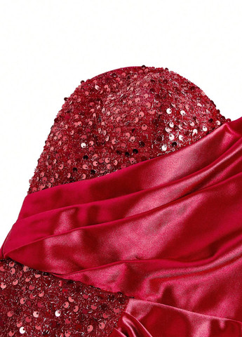 Бордова святковий, вечірня сукня зі шлейфом, на одне плече SHEIN однотонна