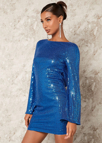 Синее коктейльное платье футляр, с открытой спиной SHEIN однотонное