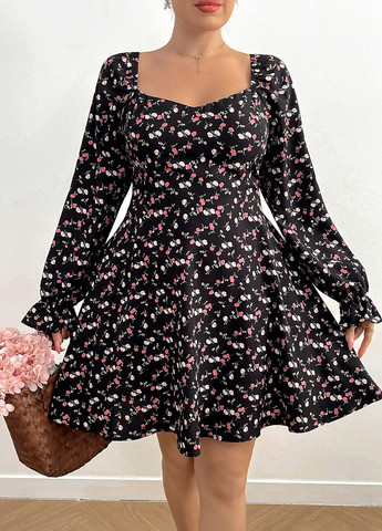 Черное праздничный, кэжуал платье клеш, а-силуэт SHEIN с цветочным принтом