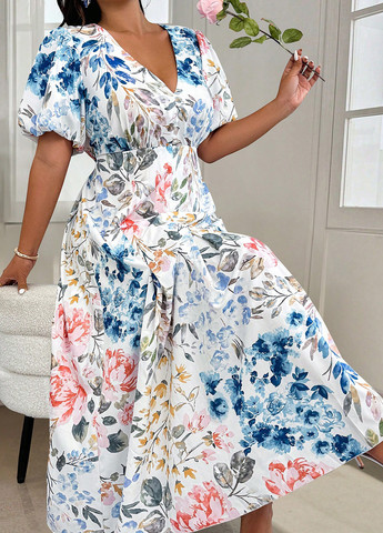 Белое праздничный, кэжуал платье в стиле ампир SHEIN с цветочным принтом