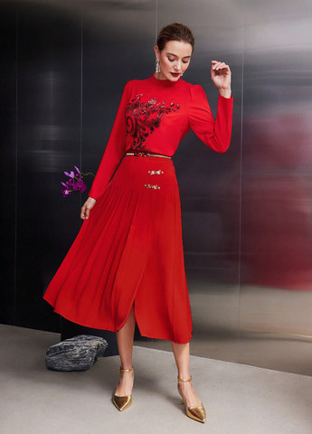 Красная кэжуал однотонная юбка SHEIN плиссе, а-силуэта (трапеция)