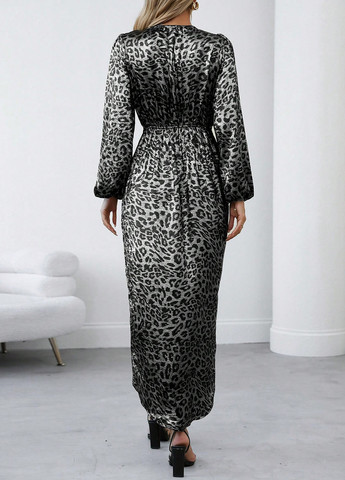 Серебряное кэжуал, коктейльное платье на запах SHEIN леопардовый