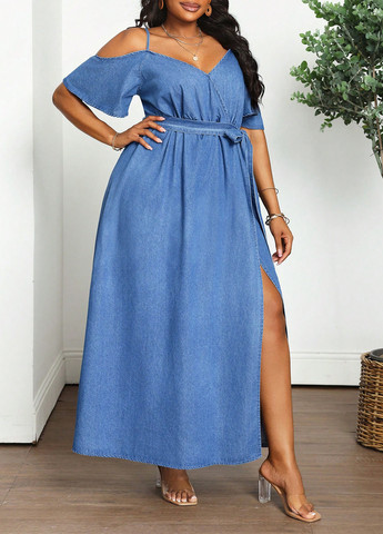 Синя джинсова, кежуал сукня на запах, з відкритими плечима SHEIN однотонна