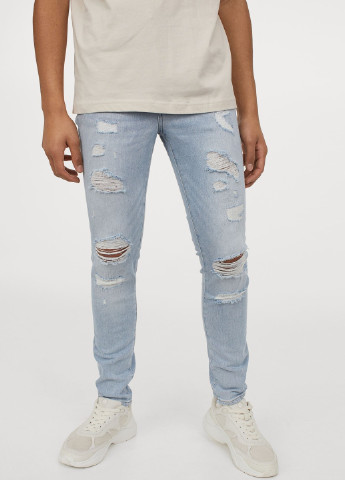 Голубые джинсы-скинни с потертостями H&M
