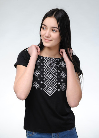 Женская вышитая футболка Карпатский орнамент черная с серым Melanika (250206193)