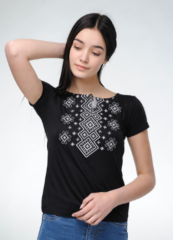 Женская вышитая футболка Карпатский орнамент черная с серым Melanika (250206193)