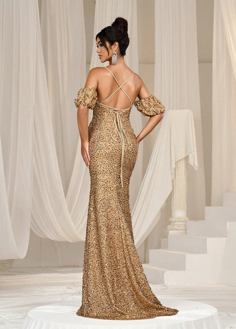 Темно-бежевое вечернее платье годе SHEIN однотонное