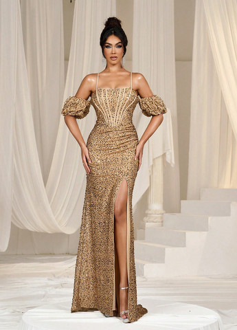 Темно-бежевое вечернее платье годе SHEIN однотонное