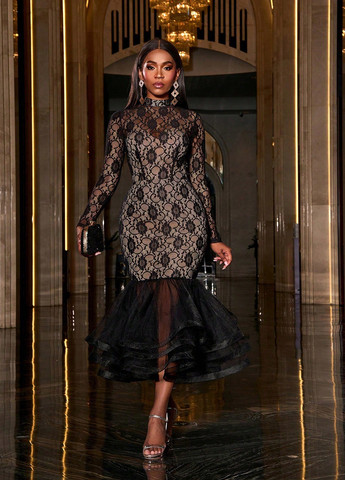 Чорна вечірня сукня годе SHEIN однотонна