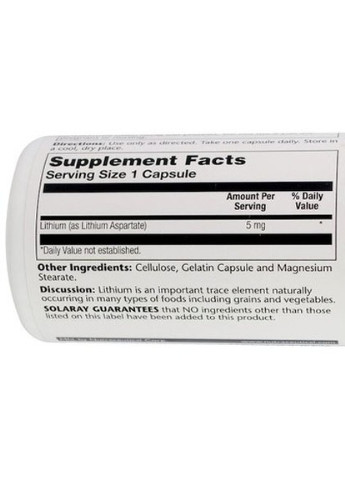 Lithium Aspartate 5 mg 100 Caps SOR-04599 Solaray (256379964)