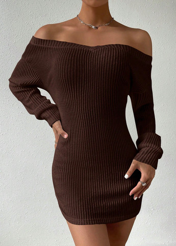 Коричнева кежуал сукня з відкритими плечима SHEIN однотонна