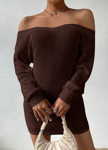 Коричнева кежуал сукня з відкритими плечима SHEIN однотонна