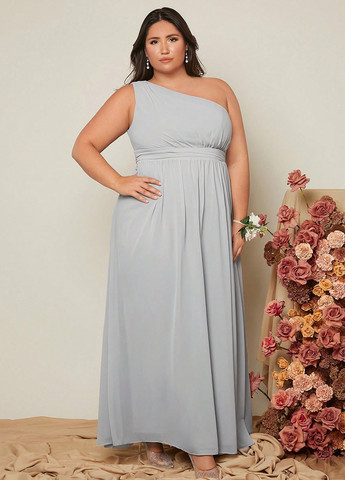 Светло-серое вечернее, праздничный платье на одно плечо SHEIN однотонное