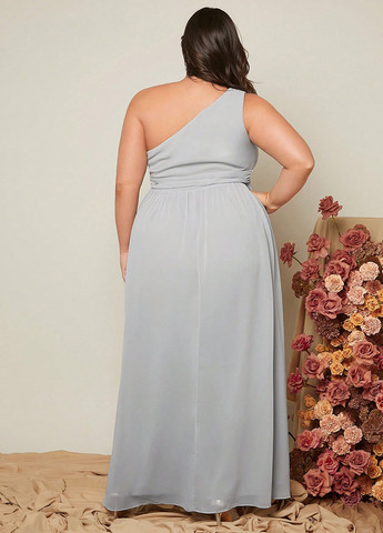 Светло-серое вечернее, праздничный платье на одно плечо SHEIN однотонное