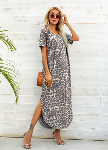Сіро-коричнева кежуал сукня сукня-футболка, а-силует SHEIN леопардовий
