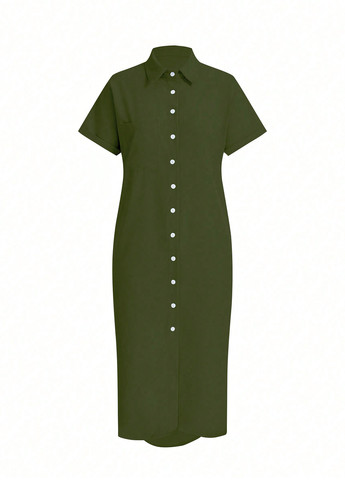 Темно-зеленое кэжуал платье рубашка SHEIN однотонное