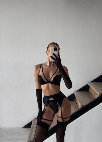 Черный демисезонный комплект (бюстгальтер, трусики, перчатки, пояс, гартеры) NOVA VEGA