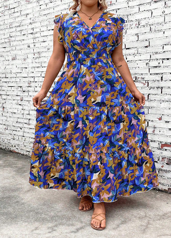 Синее праздничный, вечернее, кэжуал платье на запах, а-силуэт SHEIN с рисунком