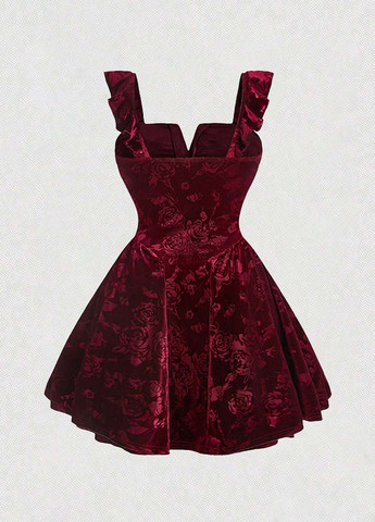 Бордовое коктейльное платье клеш SHEIN однотонное