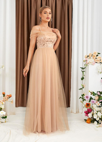 Светло-бежевое вечернее, праздничный платье с пышной юбкой SHEIN однотонное