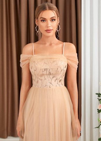 Светло-бежевое вечернее, праздничный платье с пышной юбкой SHEIN однотонное