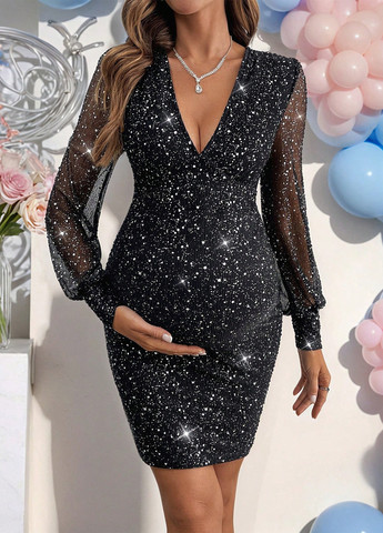 Черное коктейльное платье для беременных футляр SHEIN однотонное