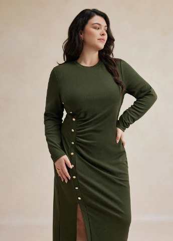 Оливковое (хаки) кэжуал платье платье-свитер SHEIN однотонное