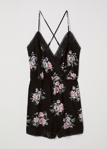 Комбинезон H&M комбинезон-шорты цветочный чёрный кэжуал вискоза