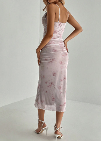 Кремовое кэжуал платье силуэтная, платье-комбинация SHEIN с цветочным принтом