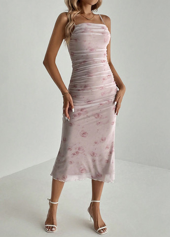 Кремовое кэжуал платье силуэтная, платье-комбинация SHEIN с цветочным принтом