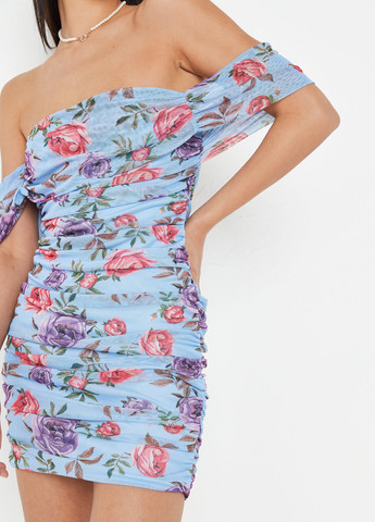 Голубое кэжуал платье с открытыми плечами Missguided с цветочным принтом