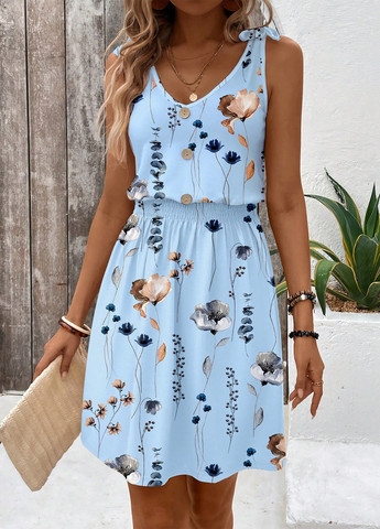 Голубое кэжуал платье клеш SHEIN с цветочным принтом