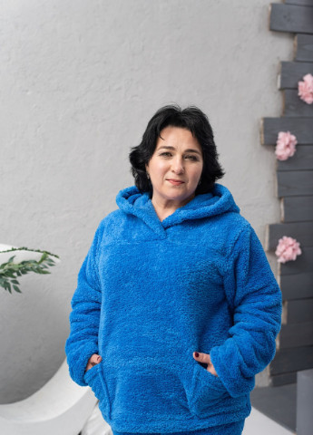 Голубая всесезон махровая женская пижама на зиму с карманами и капюшоном кофта + брюки V.O.G.