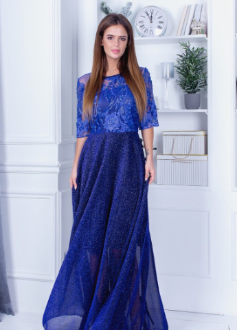 Синее вечернее вечернее кружевное платье в пол люрекс электрик с юбкой-солнце Marselin с цветочным принтом