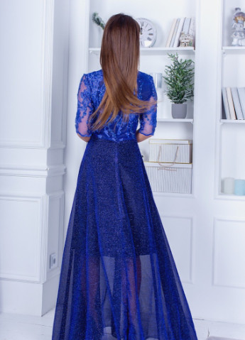Синее вечернее вечернее кружевное платье в пол люрекс электрик с юбкой-солнце Marselin с цветочным принтом