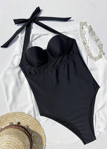 Черный летний купальник слитный, халтер SHEIN