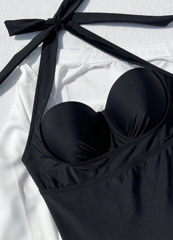 Черный летний купальник слитный, халтер SHEIN