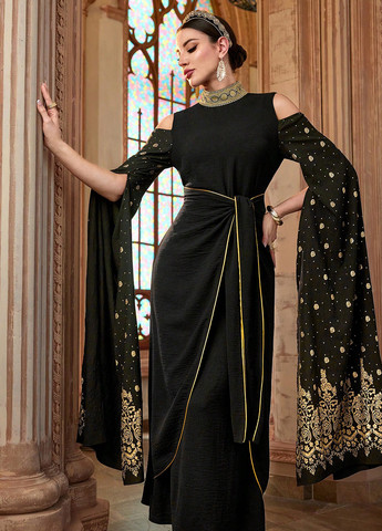 Чорна вечірня сукня силуетна, сукня-кейп SHEIN з орнаментом