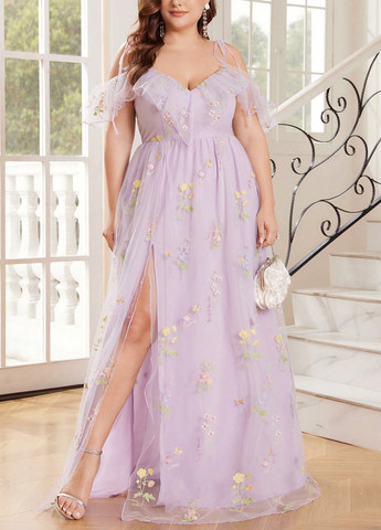 Лиловое кэжуал платье с открытыми плечами SHEIN с цветочным принтом