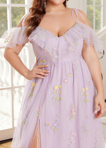 Лиловое кэжуал платье с открытыми плечами SHEIN с цветочным принтом