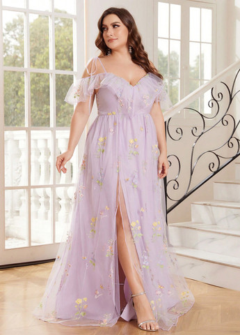 Лиловое кэжуал платье с открытыми плечами SHEIN с цветочным принтом