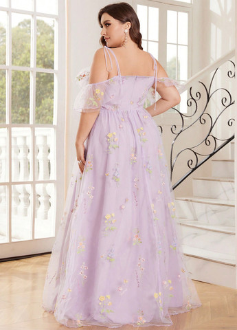 Лиловое кэжуал платье с открытыми плечами SHEIN с цветочным принтом