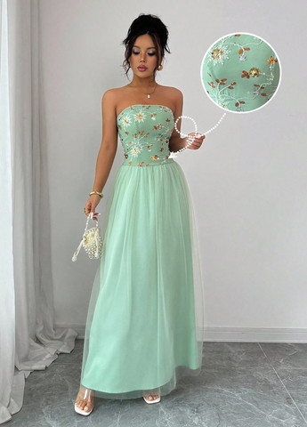 Мятное вечернее, кэжуал платье бандо, с открытыми плечами SHEIN однотонное