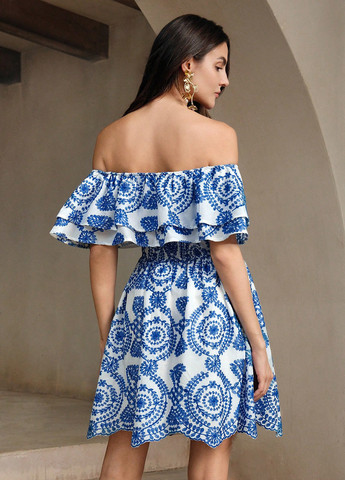 Синее кэжуал платье с открытыми плечами SHEIN с орнаментом